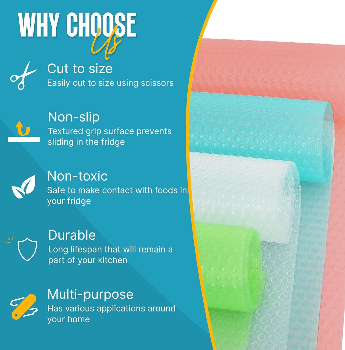 Refrigerator Liners for Shelves (8 Pack) by Linda’s Essentials - Non-Adhesive Shelf or Drawer Liner, BPA-Free Fridge Mats for Kitchen & Cabinets, Easy to Clean, Ideal Household Essentials(Multi Color)