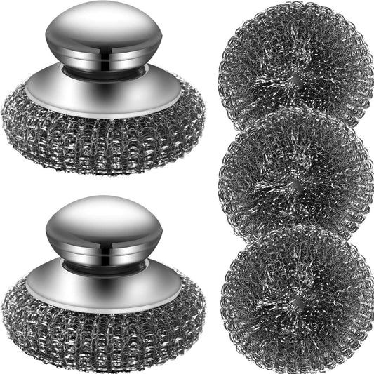 Steel Wool Scrubber with 2 Handles & 3 Replacement Wire Sponge(Scouring Pads) - Stainless Metal Cleaner Heavy Duty Brush for Pots, Pans, Cast Iron, Grill, Sink, Dishes, Stove, Kitchen Deep Clean