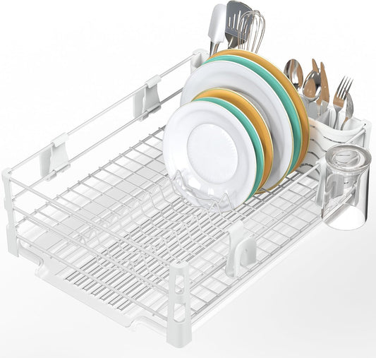 SIMPLE HOUSEWARE White Dish Drying Rack with Drainboard, Utensil Holder & Mug Hooks – Metal Kitchen Counter Organizer