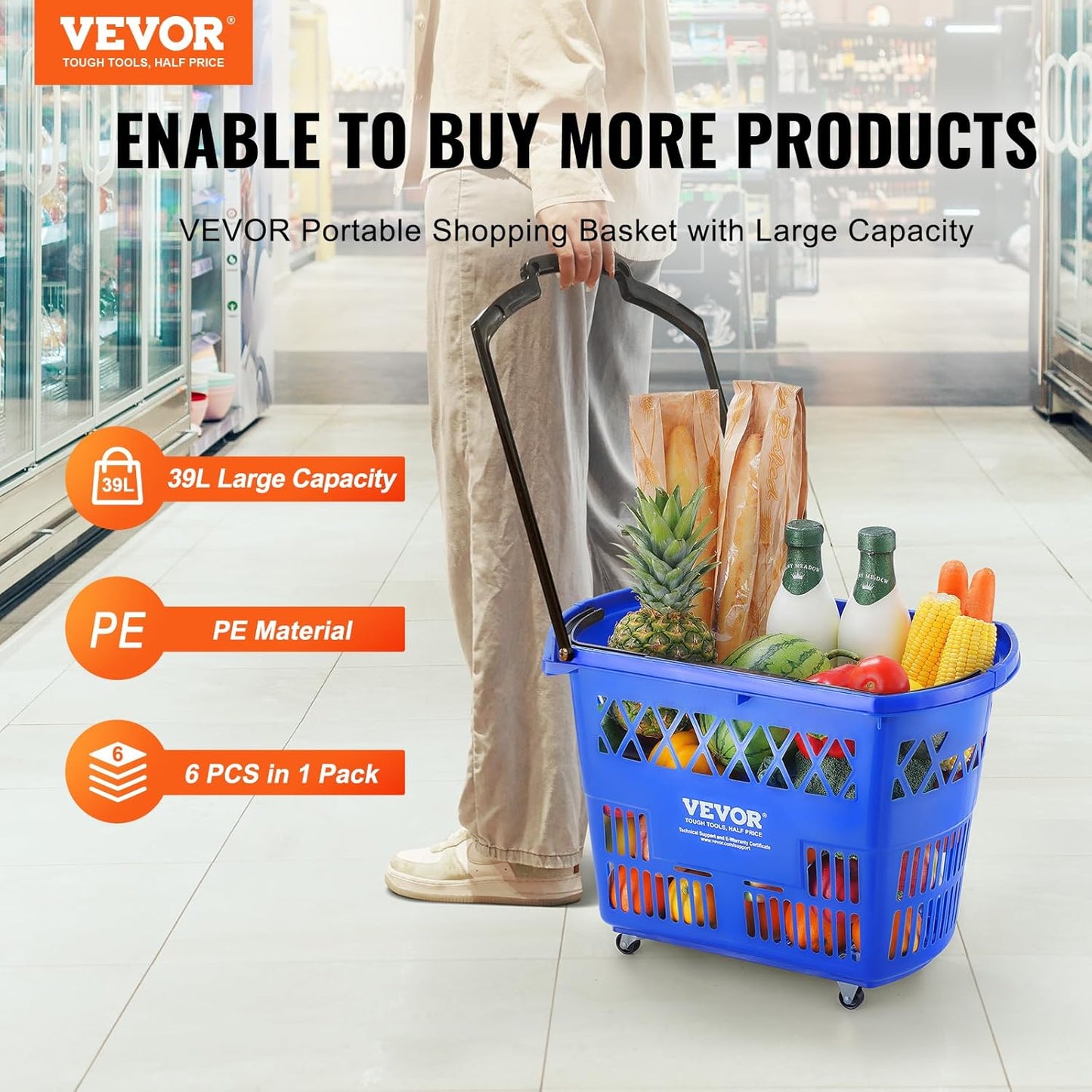 VEVOR Shopping Carts with Handles, 6PCS, 39L Plastic Rolling Shopping Basket with Wheels, Large Portable Shopping Basket Set for Supermarkets, Retail Stores, Grocery Shopping, Blue