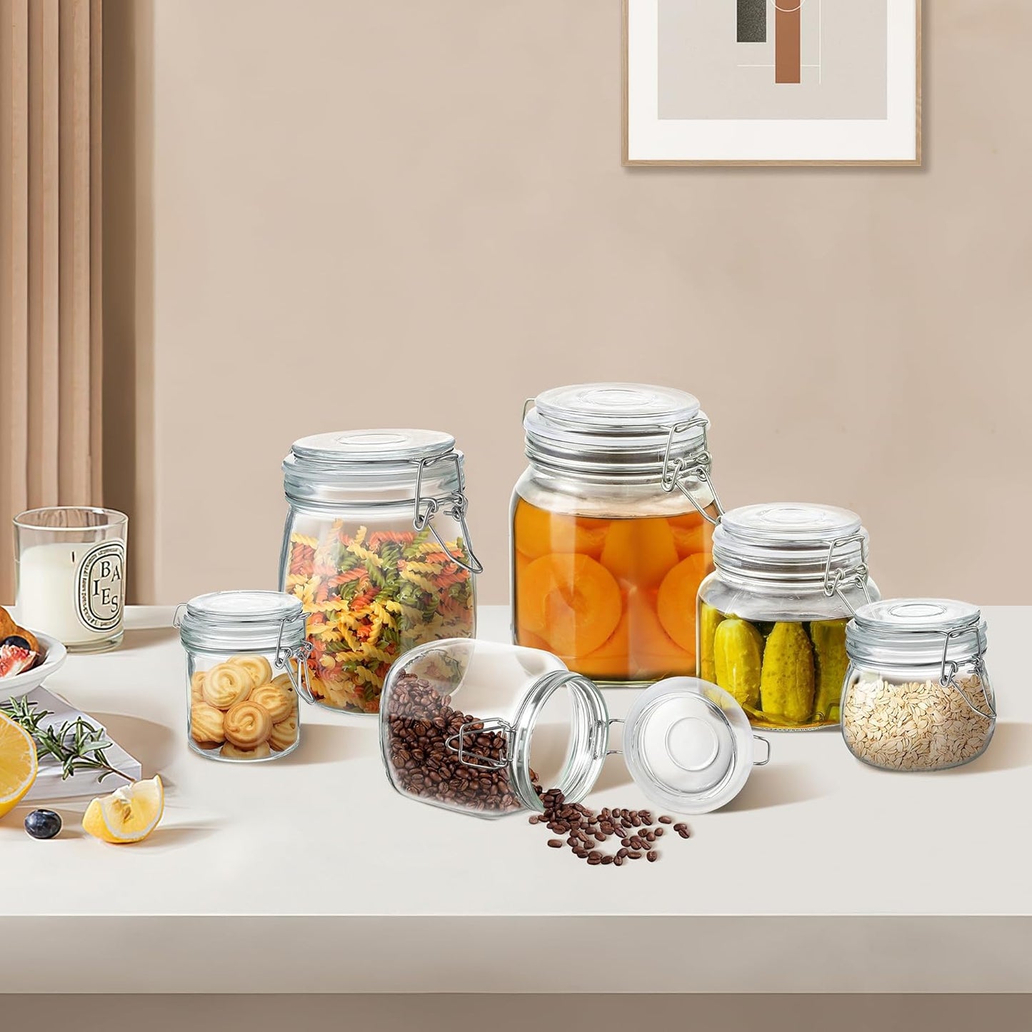 Glass Food Storage Jars with Airtight Lids 13 oz Square 4 Pack Kitchen Storage Containers Small Cabinet Canisters Sealed Pot Canning for Pasta, Cereal, Coffee, Beans, Spice