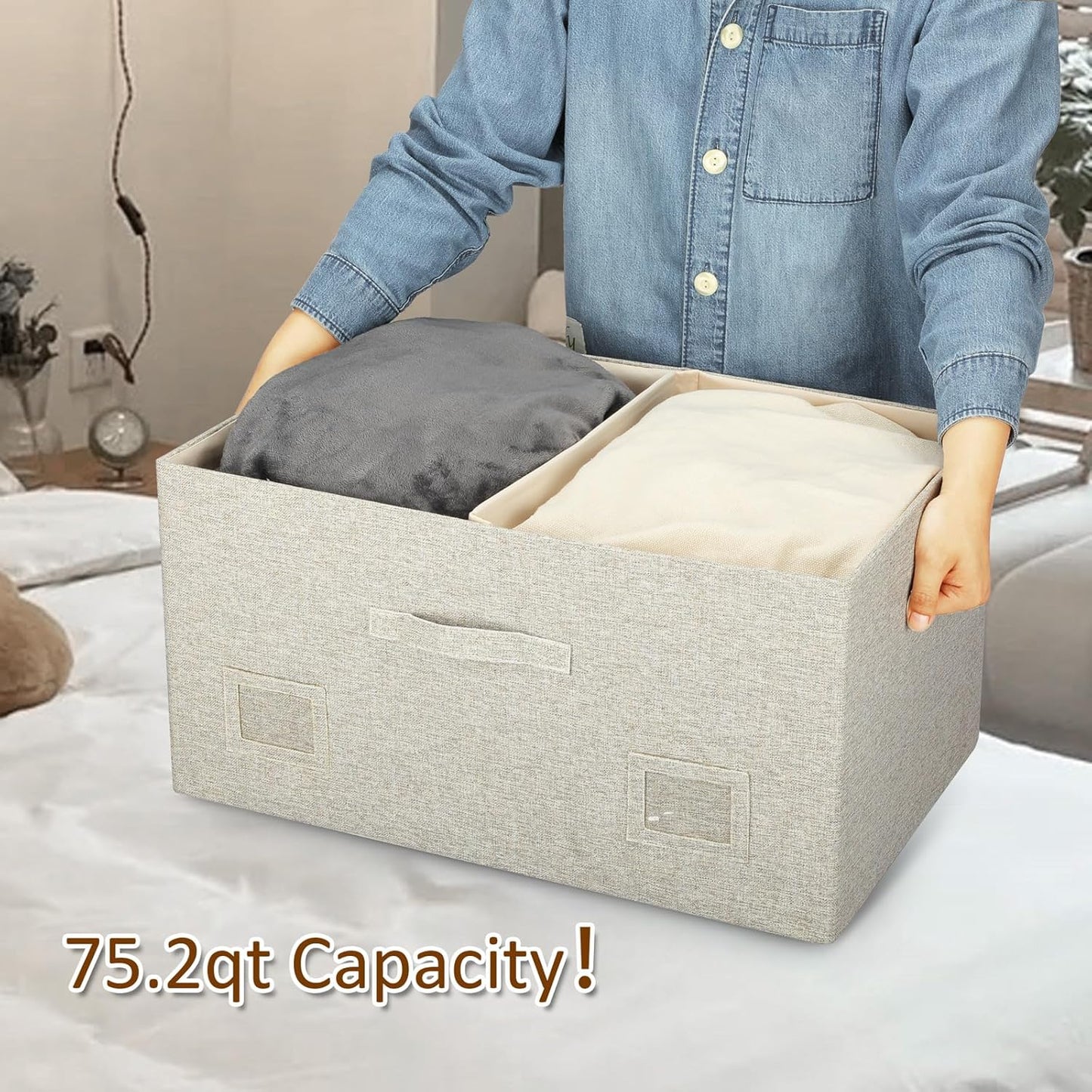 75 Quarts Extra Large Decorative Storage Bins with Lids, 3 Packs Beige Collapsible Storage Bins with Lids, Stackable Storage Bins Decorative Box Storage With Lid Extra Large