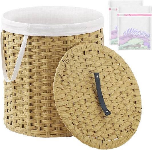 Laundry Hamper with Lid Wicker Laundry Hamper Round 26.5 Gal (100 L) Laundry Basket Handwoven Rattan Laundry Basket with Removable Bag Handles 2 Mesh Bags for Living Room Bedroom Natural