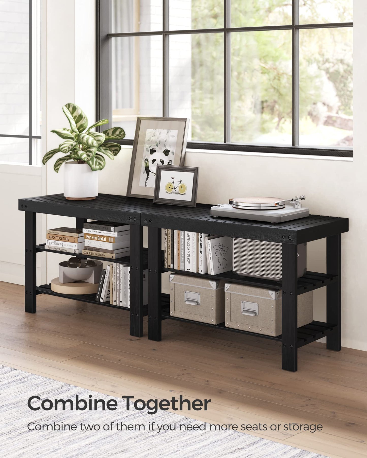 SONGMICS Shoe Rack Bench, 3-Tier Bamboo Shoe Storage Organizer, Entryway Bench, Holds Up to 286 lb