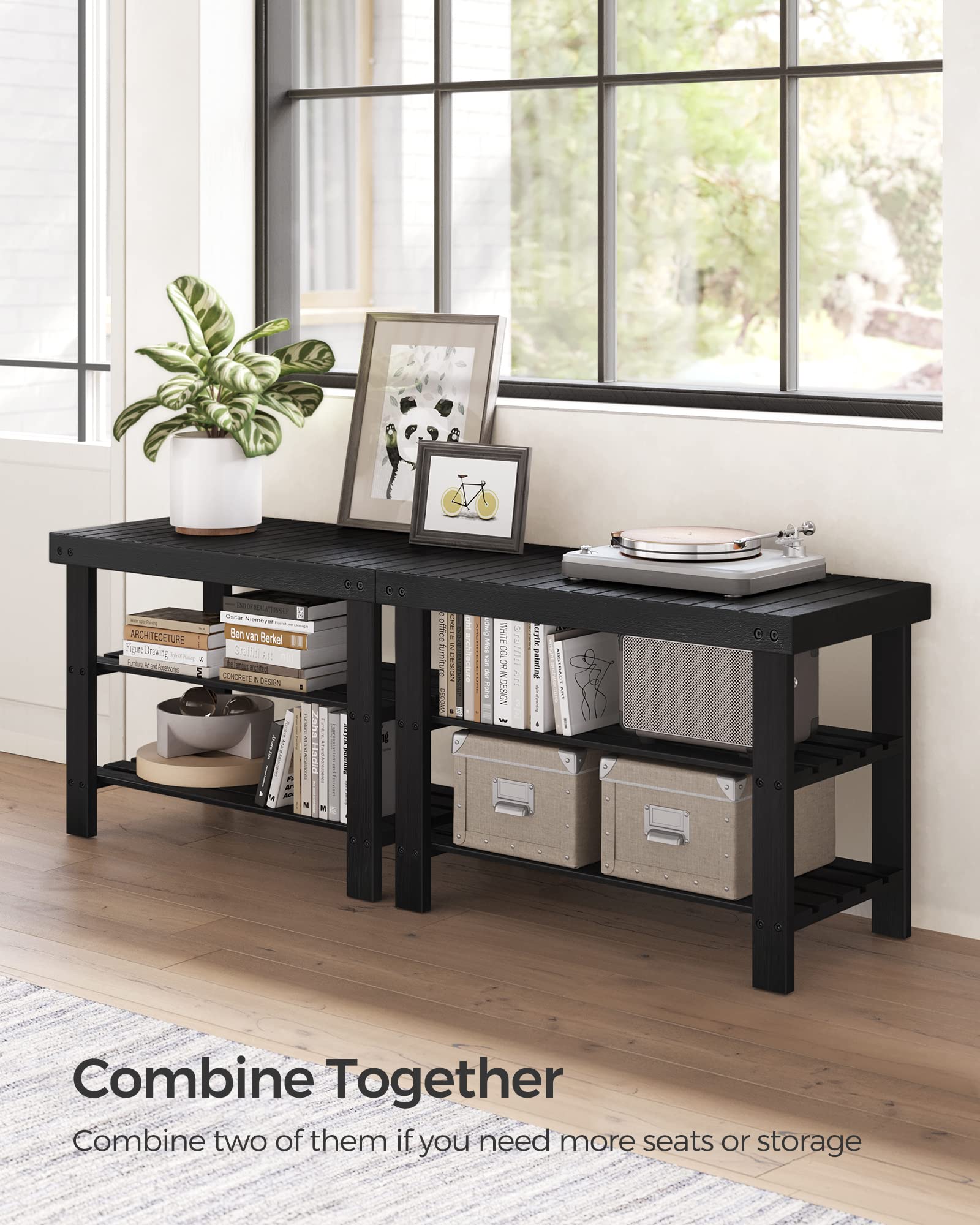 SONGMICS Shoe Rack Bench, 3-Tier Bamboo Shoe Storage Organizer, Entryway Bench, Holds Up to 286 lb