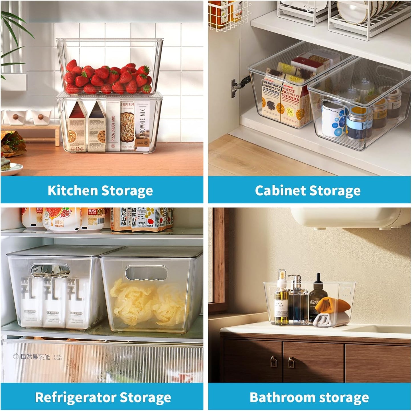 Clear Stackable Storage Bins, Pantry Organizers & Storage Containers, Cabinet Organizer, Home Organization Must Haves for Kitchen, Laundry Room, Office, Closet & Freezer (6 Pack with Lids)