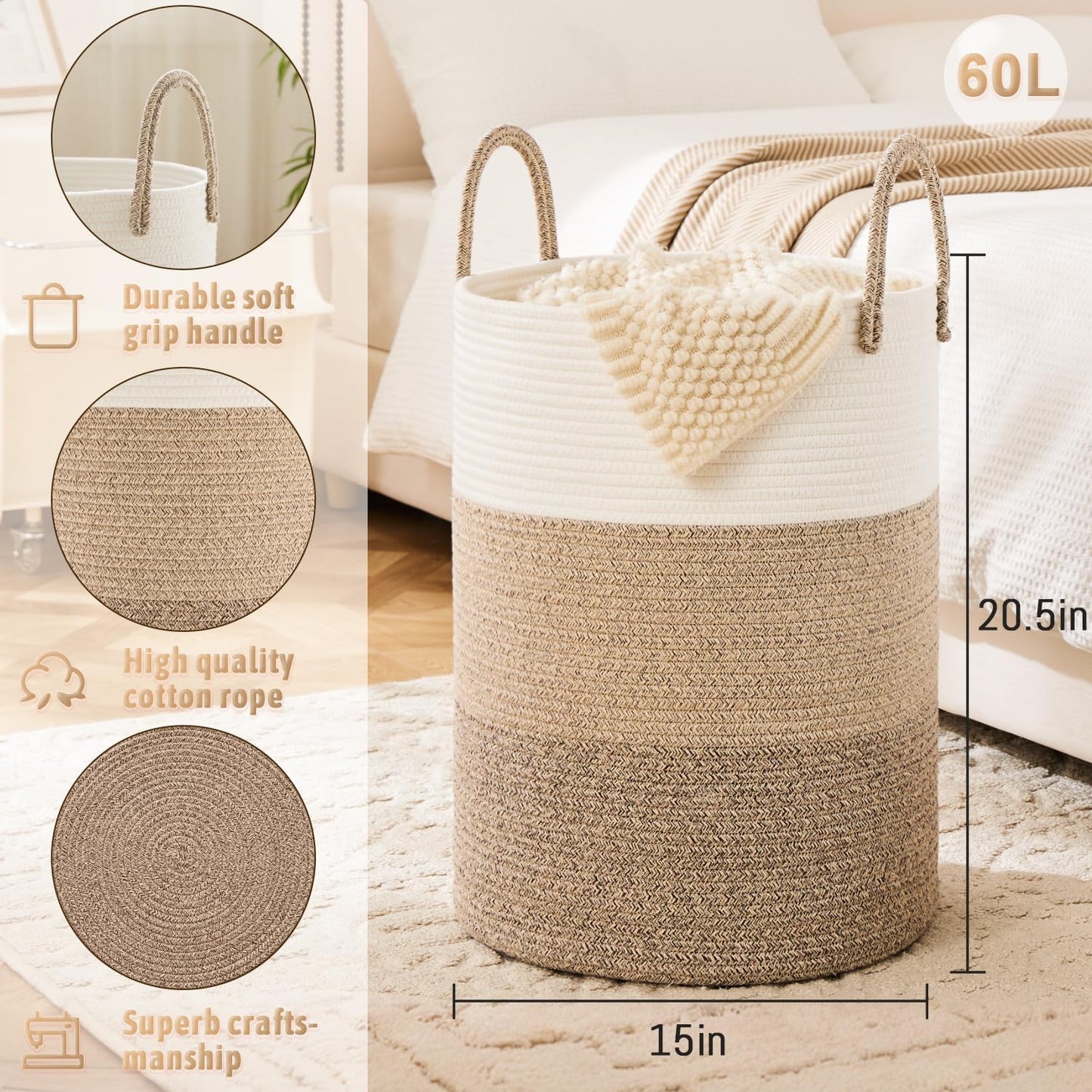 Laundry Basket,Woven Cotton Rope Laundry Hamper,60L for Decorative Storage of Dirty Clothes,Toys and Blankets in Bathroom,Bedroom and Living Room