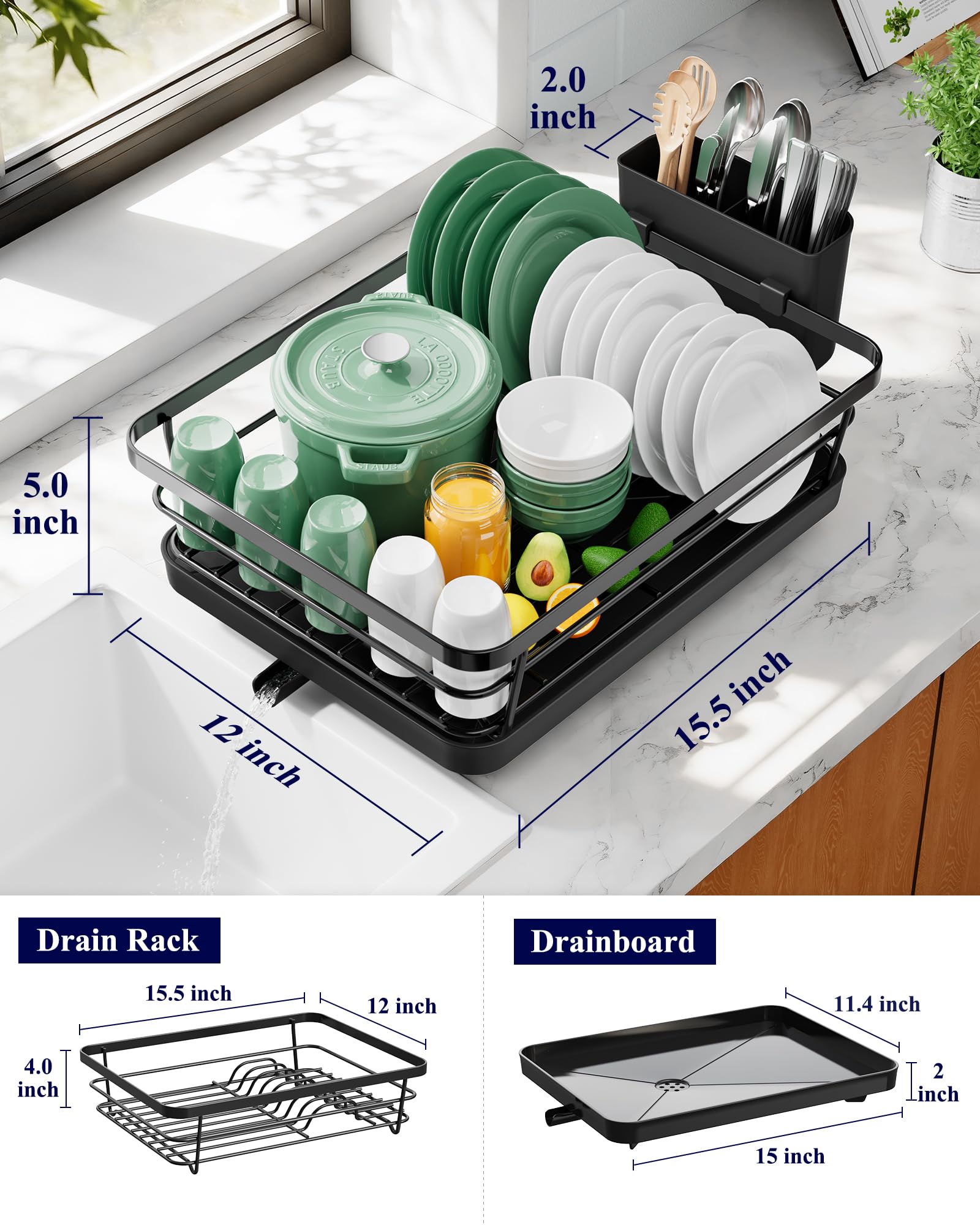 Kitsure Dish Drying Rack for Kitchen Counter, 12''W x 15.5''L, Black
