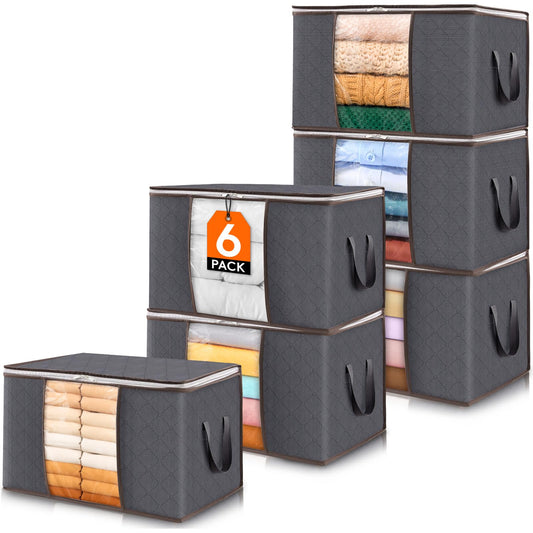 Lifewit 6 Pack Clothes Storage Bins with Lids, Foldable Blanket Storage Bags with Zippers, Clear