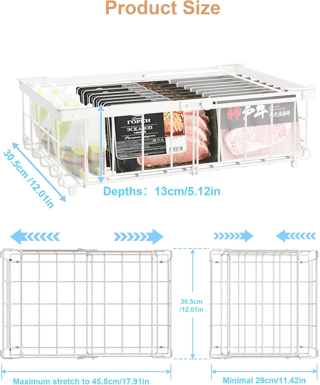 UMDONX 4 Pack Expandable Freezer Organizer Bins Large Freezer organizer Bins Stackable 11.4" Expand to 17.9", Fit 10 to 20 Cu.FT Black