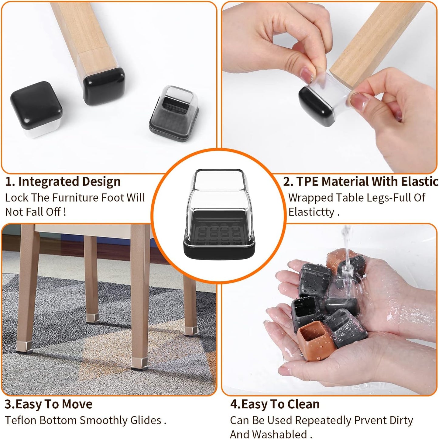 Ezprotekt 24 Pcs Chair Leg Sliders for Carpet, Square Clear Chair Glides Teflon Furniture Pads, Bar Stool Leg Protectors Caps for Rug - for Dining Table, Couch, Patio Legs (M Fit: 0.75" - 1")