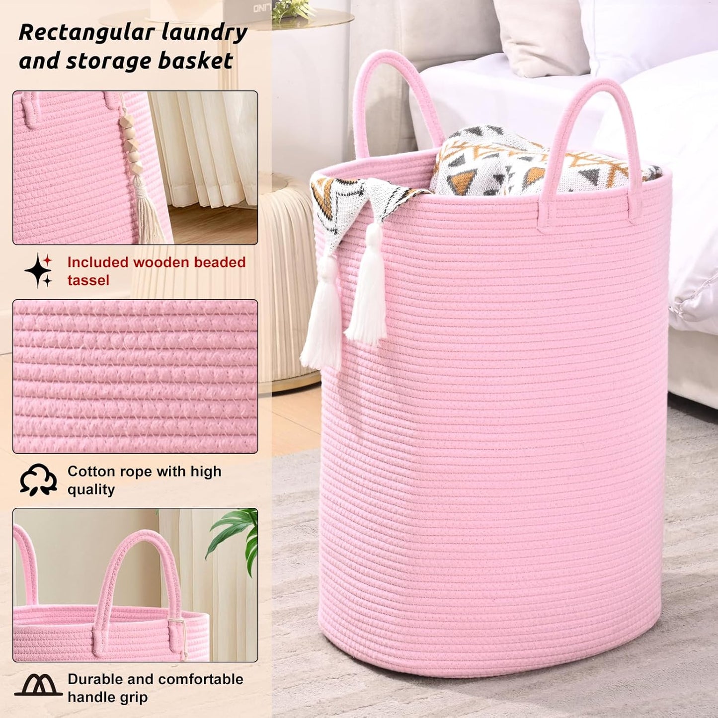 Woven Laundry Basket for Clothes, 65L Large Rectangle Laundry Hampers, Nursery Storage Basket for Toys, Tall Dirty Clothes Hamper for Bedroom Aesthetic, Bathroom, Laundry Room