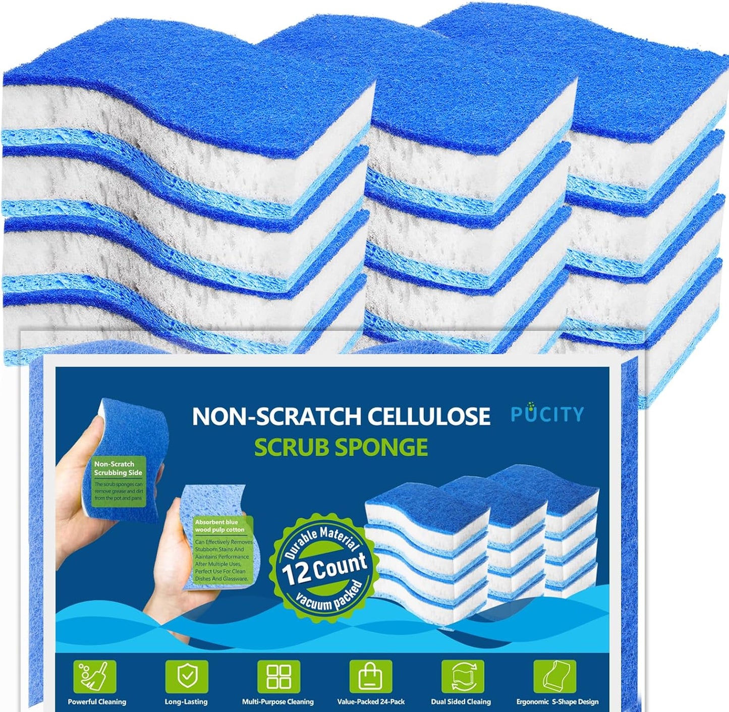 Blue Wood Pulp Sponges 12Pack Non-Scratch Cellulose Scrub Sponge, Dual-Sided Dishwashing Sponge for Kitchen