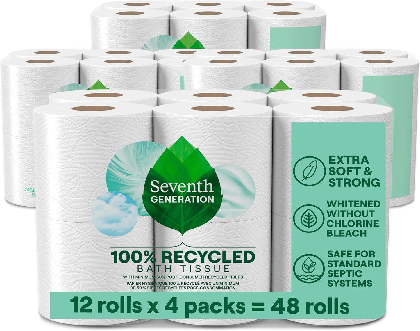 Seventh Generation Toilet Paper Recycled Bath Tissue 4-Pack 100% Recycled Paper 2-ply without Chlorine Bleach 12 Rolls