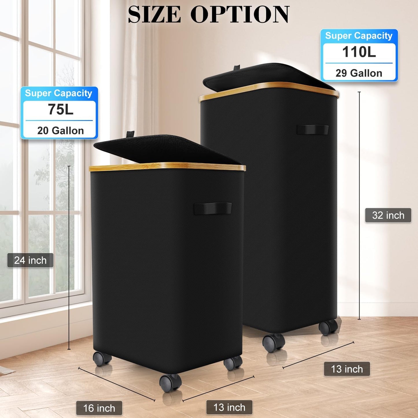 Laundry Hamper with Wheels,20 Gal (75L) Laundry Basket with lid Rolling Clothes Hamper Foldable Dirty Clothes Basket on wheels with Bamboo Frame and Bag for Bedroom, Dorm, Laundry Room-Black