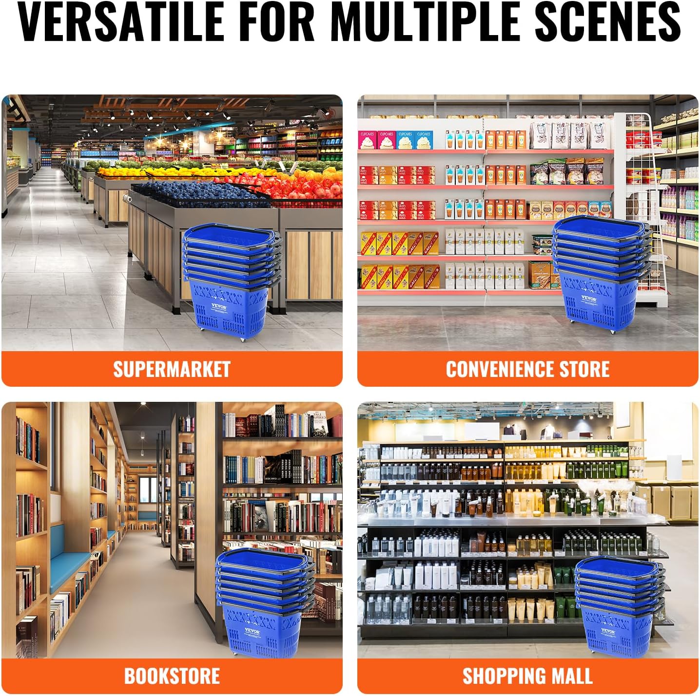 VEVOR Shopping Carts with Handles, 6PCS, 39L Plastic Rolling Shopping Basket with Wheels, Large Portable Shopping Basket Set for Supermarkets, Retail Stores, Grocery Shopping, Blue