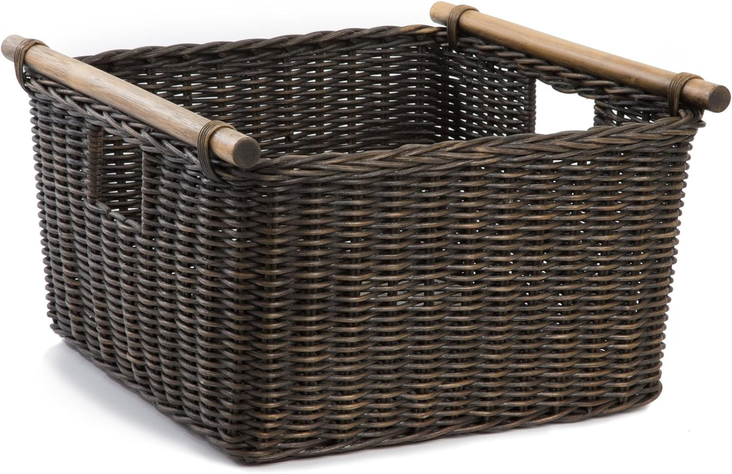 The Basket Lady Deep Pole Handle Wicker Storage Basket, Small, 11.5 in L x 11.5 in W x 8 in H, Antique Walnut Brown