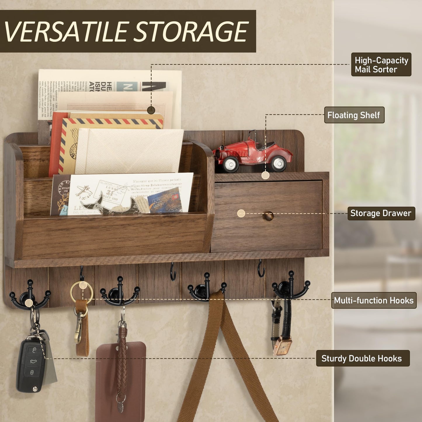 Rebee Vision Key Holder Wall Mount with Drawer Organizer for Entryway,Brown