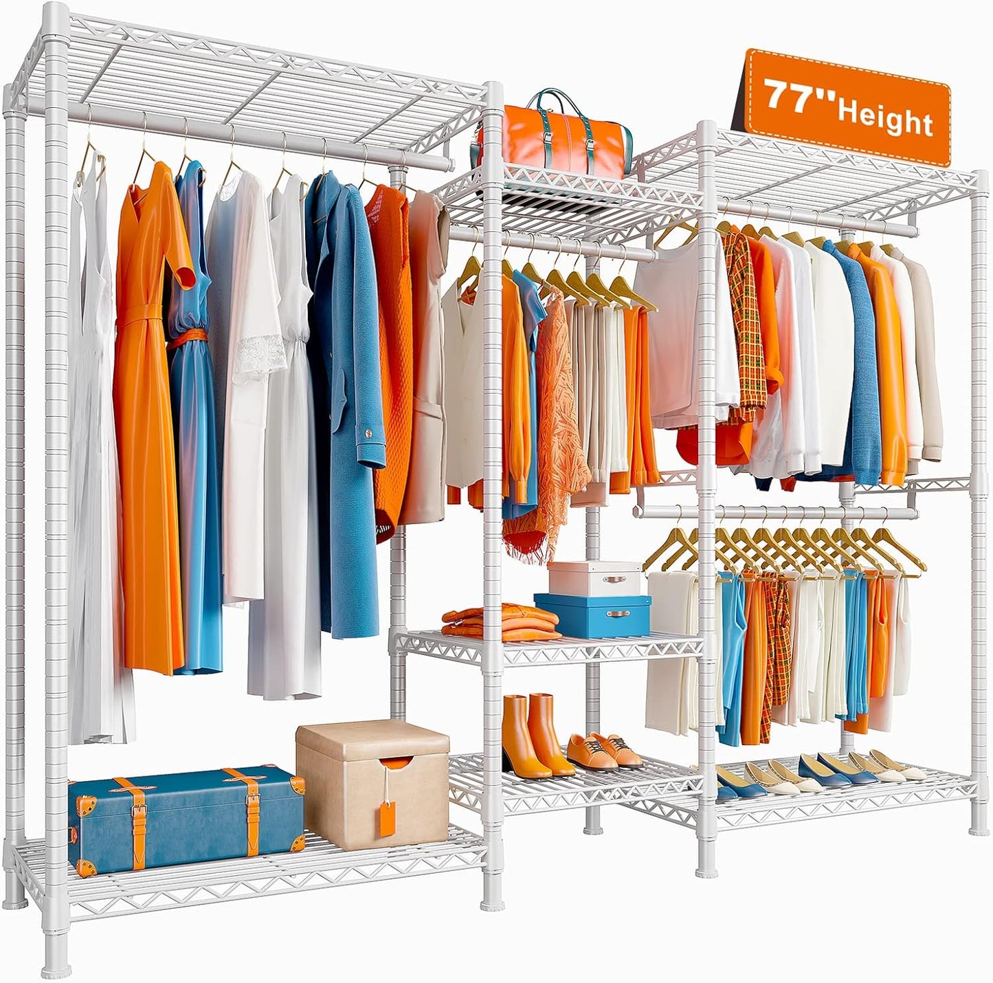 Raybee Clothing Racks for Hanging Clothes Heavy Duty Clothes Rack Load 750LBS Garment Rack, 77" H x 70.5" W x 13.8" D, White