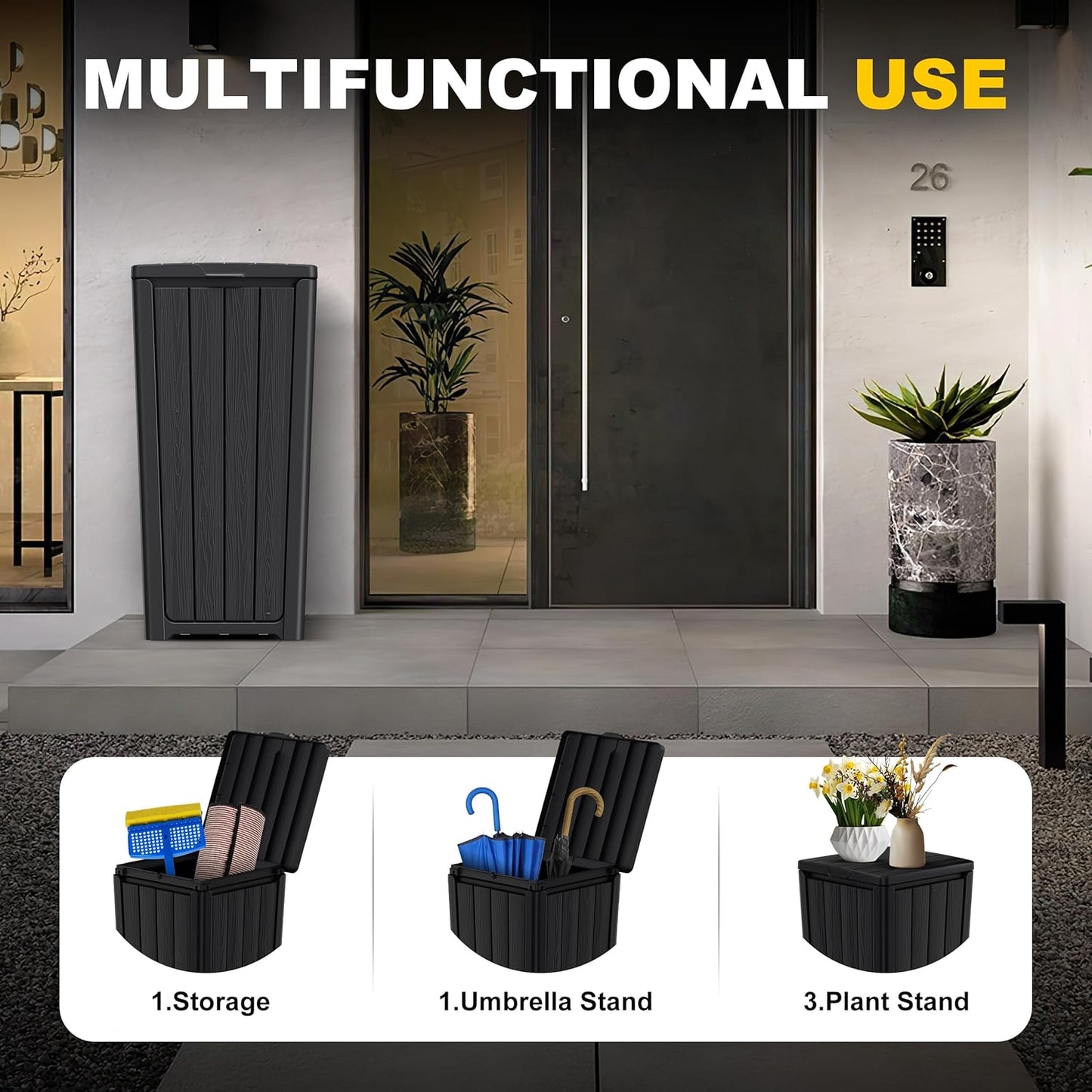 EasyUp Outdoor Trash Can with Lid, Waterproof and Sunscreen Resin Garbage Cans, Outside Trash Bin for Patio, Kitchen, Deck or Backyard(Black)