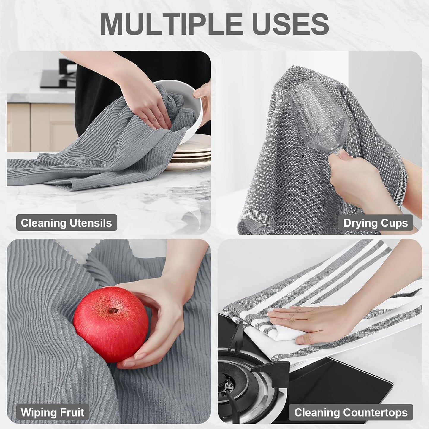 Homaxy Premium Kitchen Towels(18”x 28”, 12 Pack), Large Cotton 380 GSM Kitchen Hand Towels, Soft and Absorbent Terry Dish Towels, Multipurpose Tea Towel Set with Hanging Loop, Grey