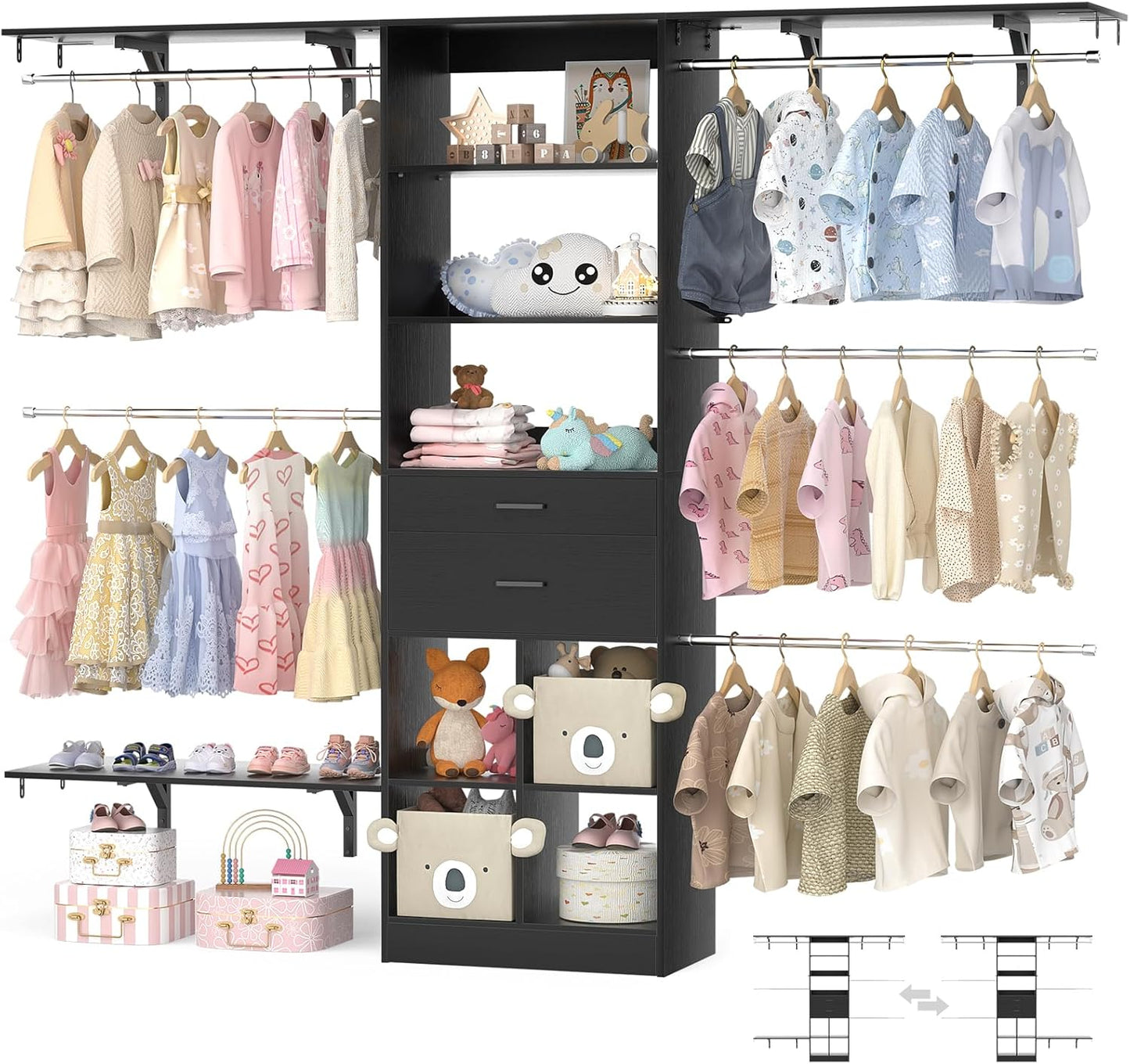 Closet System - 4.75-8FT Closet Organizer System with Wooden Drawers & Cube Storage Organizer, Up To 96" Closet Systems for Nursery & Walk-In Closets with Cuttable Hanging Shelving, Black