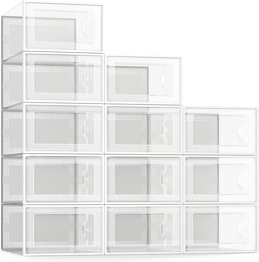 SEE SPRING X-Large Shoe Storage Box Fit Size 11, Clear Plastic Stackable Shoe Organizer for Closet, Space Saving Foldable Shoe Rack Sneaker Container Bin Holder, 12 Pack Clear
