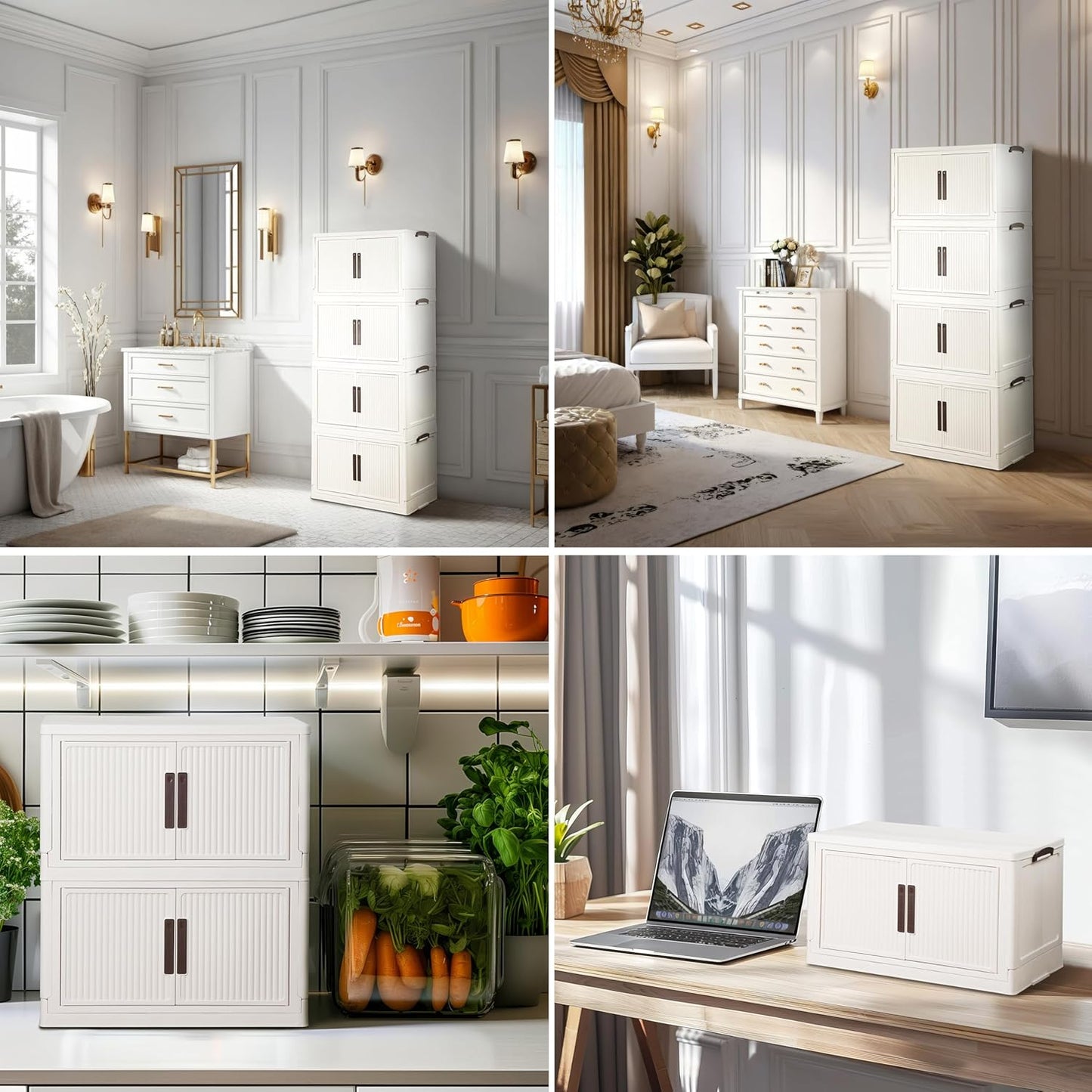 Stackable Storage Bins with Lid 55Gal/220QT Plastic Collapsible Storage Cabinet 5 Tiers Foldable clothes Organizers and Storage bins with Wheels and Doors for Home Office White