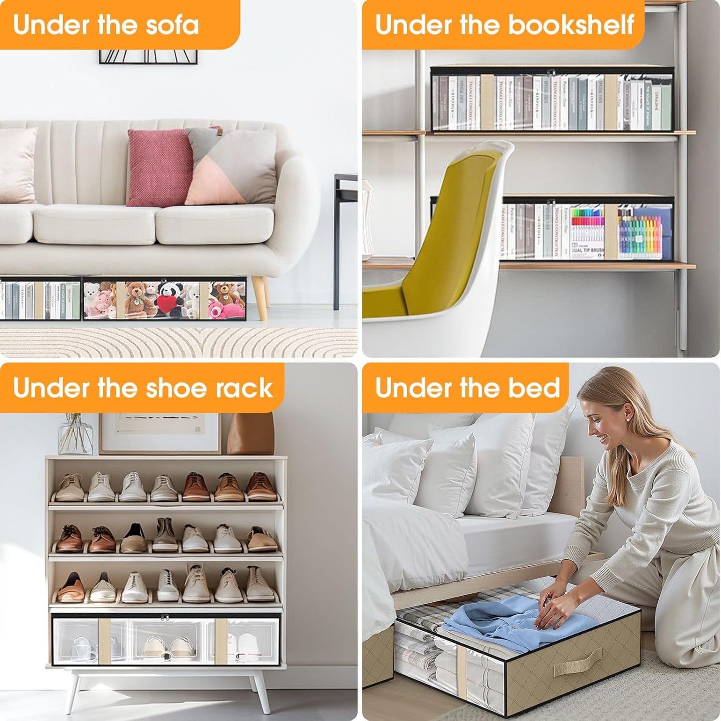 StorageRight Under Bed Storage Bins, 6-Pack 40L Foldable Fabric Storage Bags with Transparent Window, Breathable Organizer for Clothes/Blanket/Comforter/Quilt, White