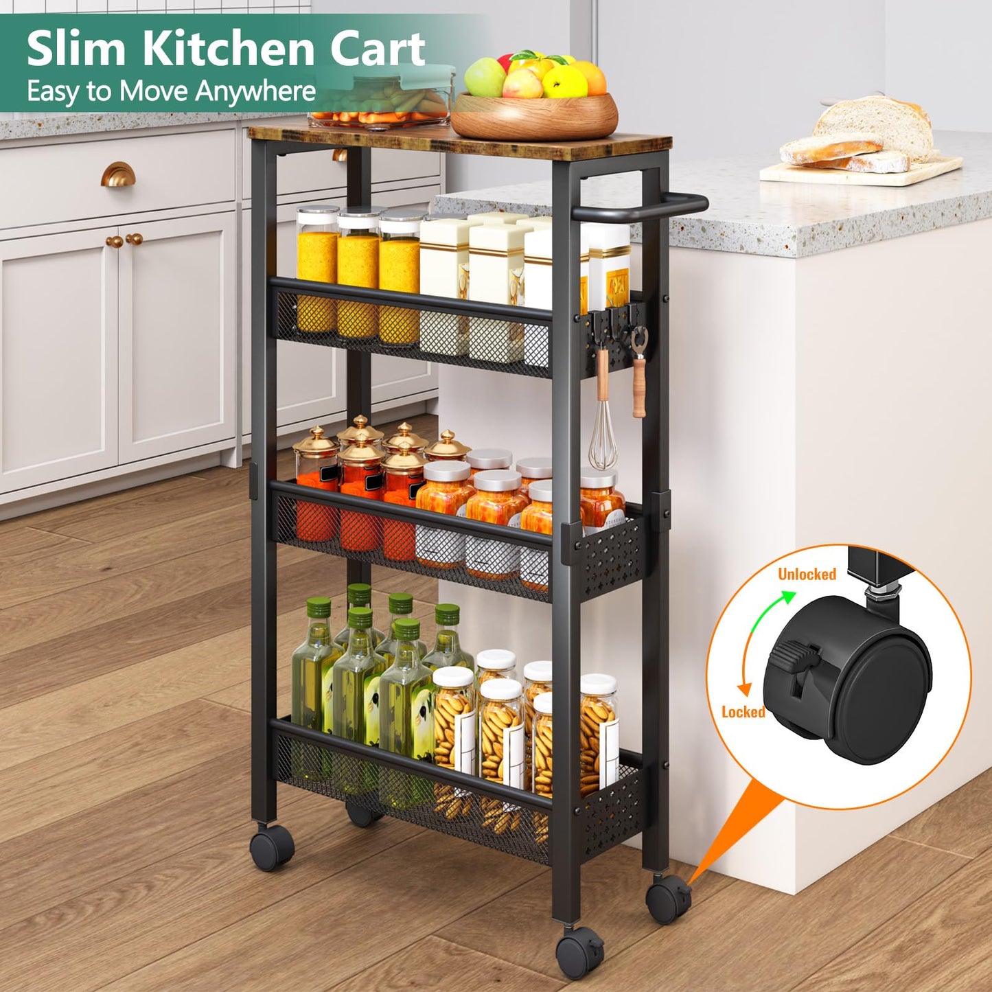 Vivihomety 4-Tier Slim Utility Rolling Laundry Cart with Wheels, Metal