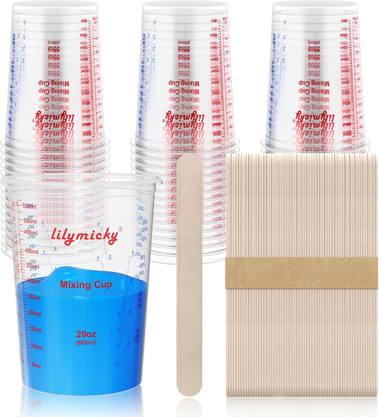50 Pack Plastic Mixing Cups, 20 oz (600ml), Disposable Measuring Cups with 50 Wooden Mixing Sticks