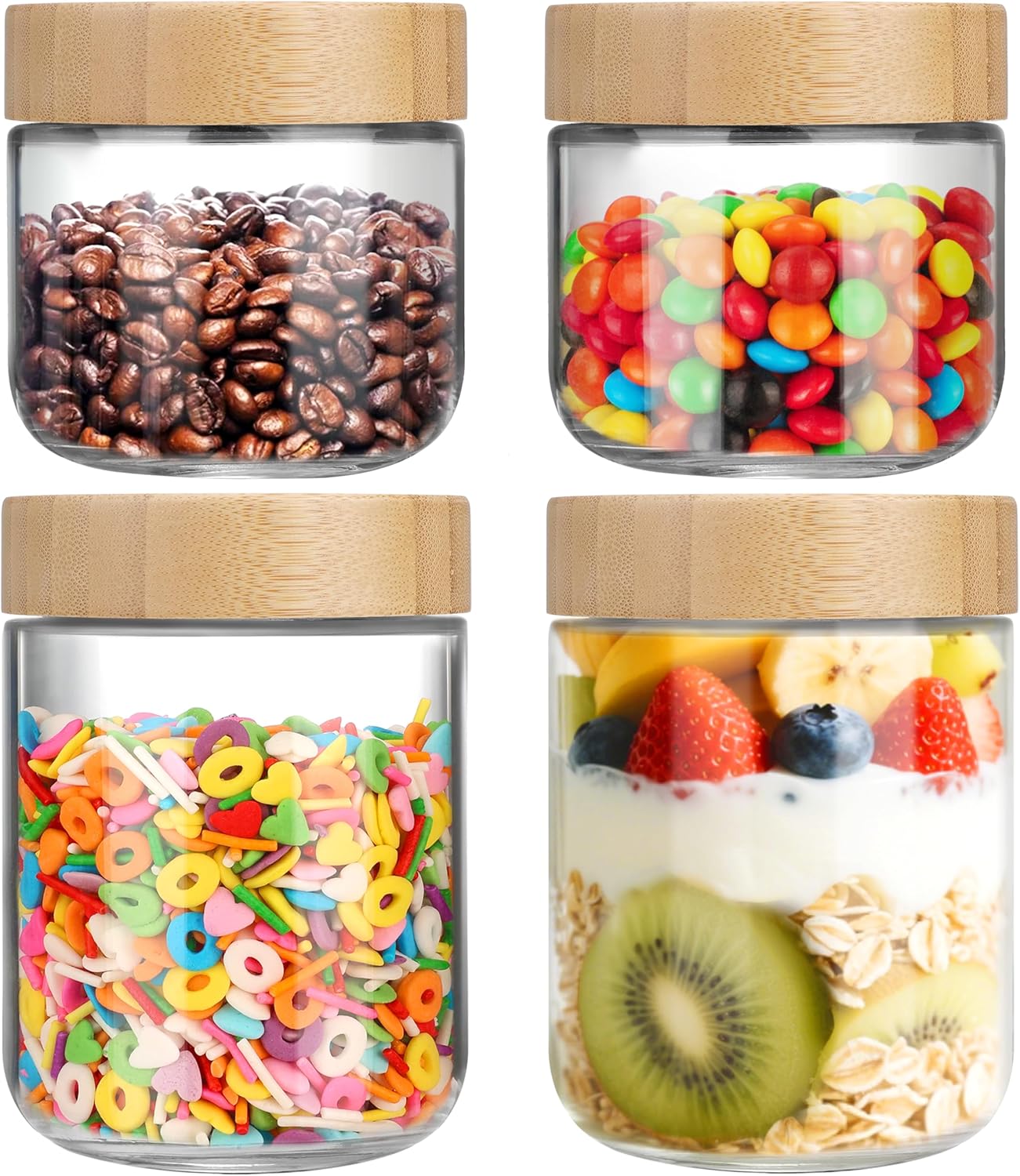 OcePor 4 Pack Glass Jars with Bamboo Lids, Over Night Oats Container with Airtight Lid, Glass Snack Storage Salad Jars For Food, Yogurt, Sugar and Flour,Coffee Bean, Cookie, Cereal