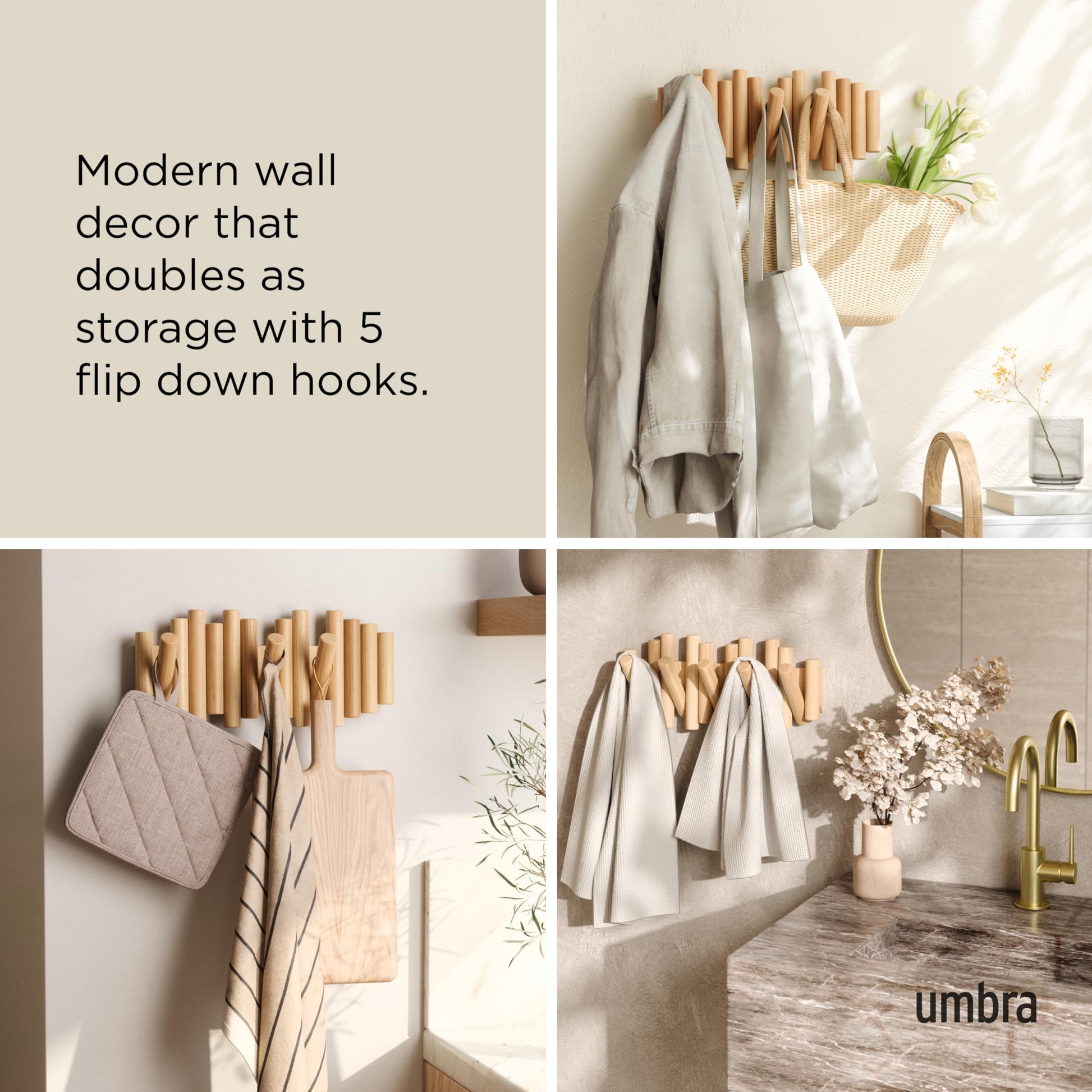 Umbra Picket Coat Rack, Wall Mount 5 Flip-Down Coat Hooks, Natural
