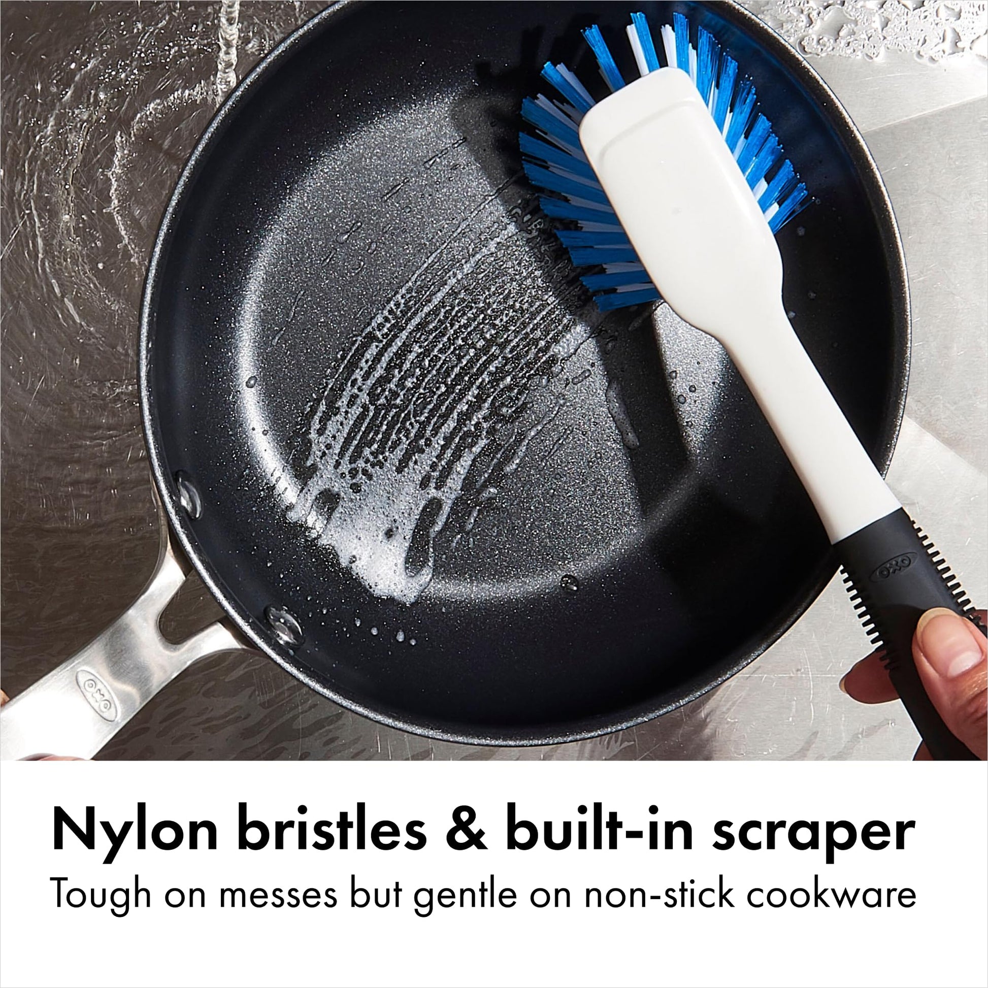 Non-Stick Safe, Built-in Scraper Lifts Stuck-On Food, Dish Cleaner, Flared Brush Head Reaches