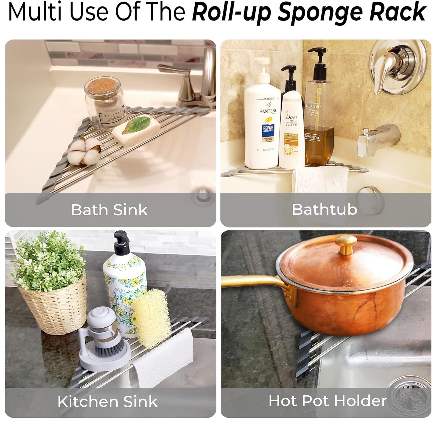 Roll Up Sponge Holder for Counter, Sink Organizer for Kitchen, Bathroom, Laundry Room, 304-Stainless Steel Sink Organizer for Sponge, Brush, Scrubber, Soap Dispenser Holder, Dish Drying Rack (Gray)