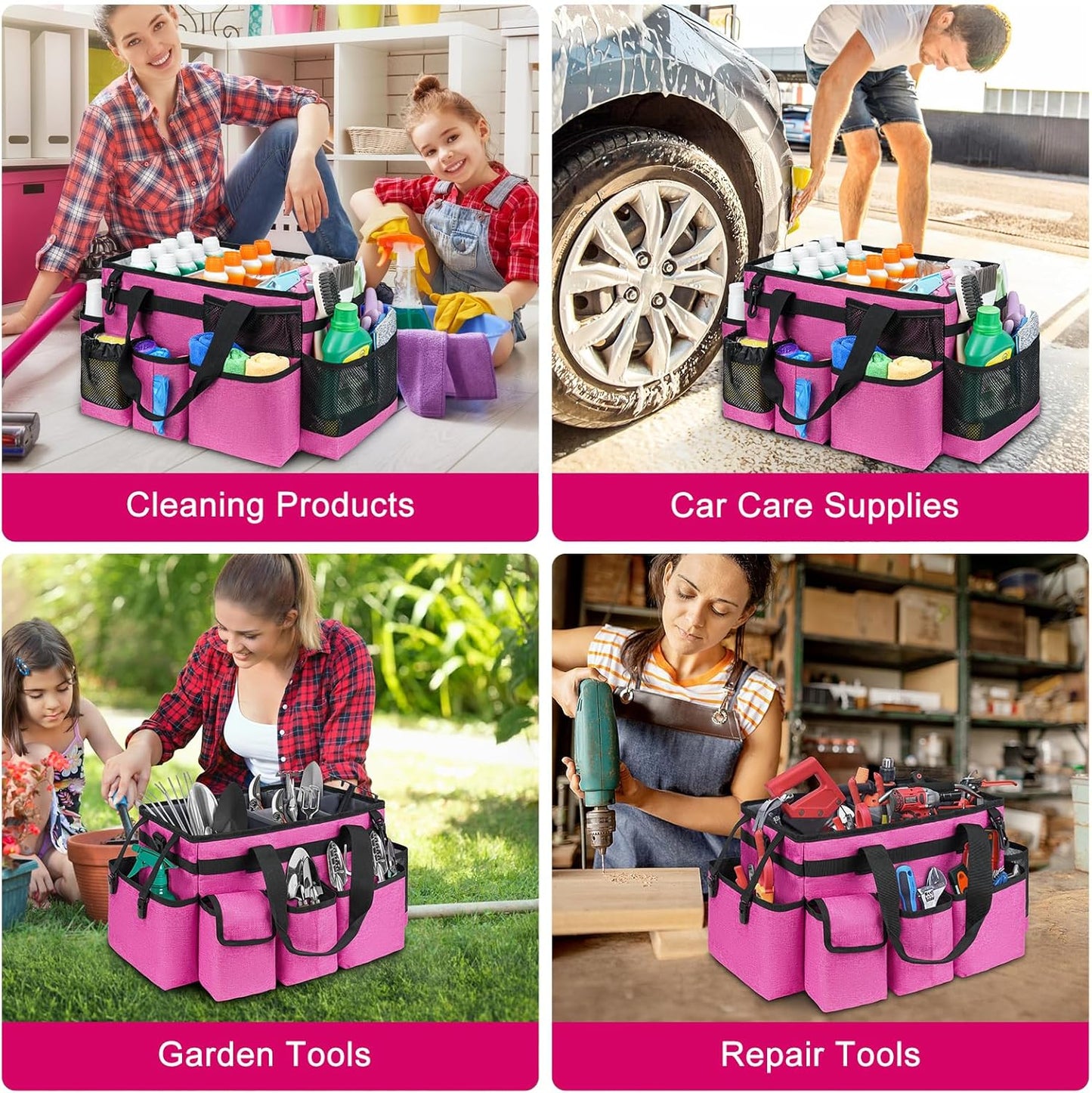 Cleaning Caddy Bag,Large Cleaning Supplies Organizer with Handle for Housekeepers,Red