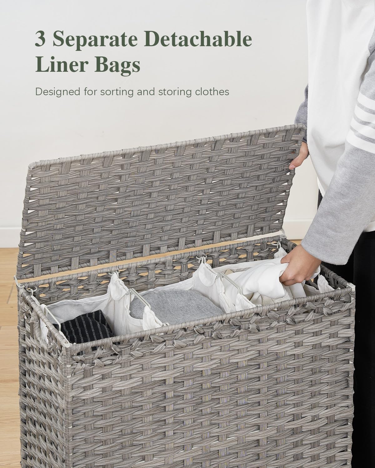 Laundry Hamper with Lid 132 L, (35 Gallons) Clothes Hamper with Lid, Handwoven Rattan Laundry Hamper with Metal Heightened Feet, Laundry Hampers with 3 Removable Liner Bags for Laundry-Gray