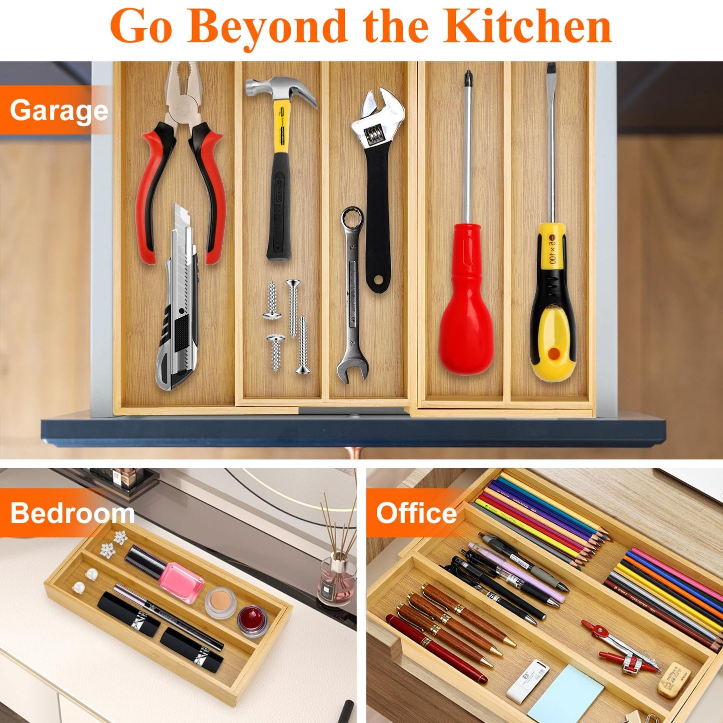 Large Bamboo Kitchen Utensil Drawer Organizer Expandable Silverware Tray