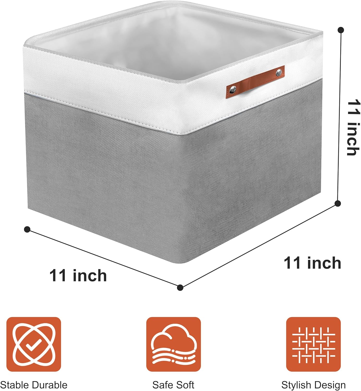 11in Open Fabric Storage Basket with Leather Handles for Organizing, Collapsible Linen Closet Bins for Shelves, Closets, Laundry, Decorative Basket for Gifts. (White＆Gray, 3PCS/11x11in)