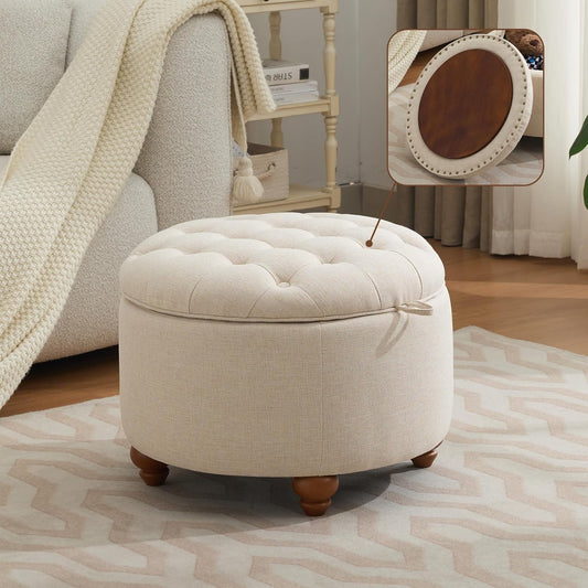 24Inch Round Storage Ottoman with Tray, Modern Tufted Fabric Circle Coffee Table with Storage
