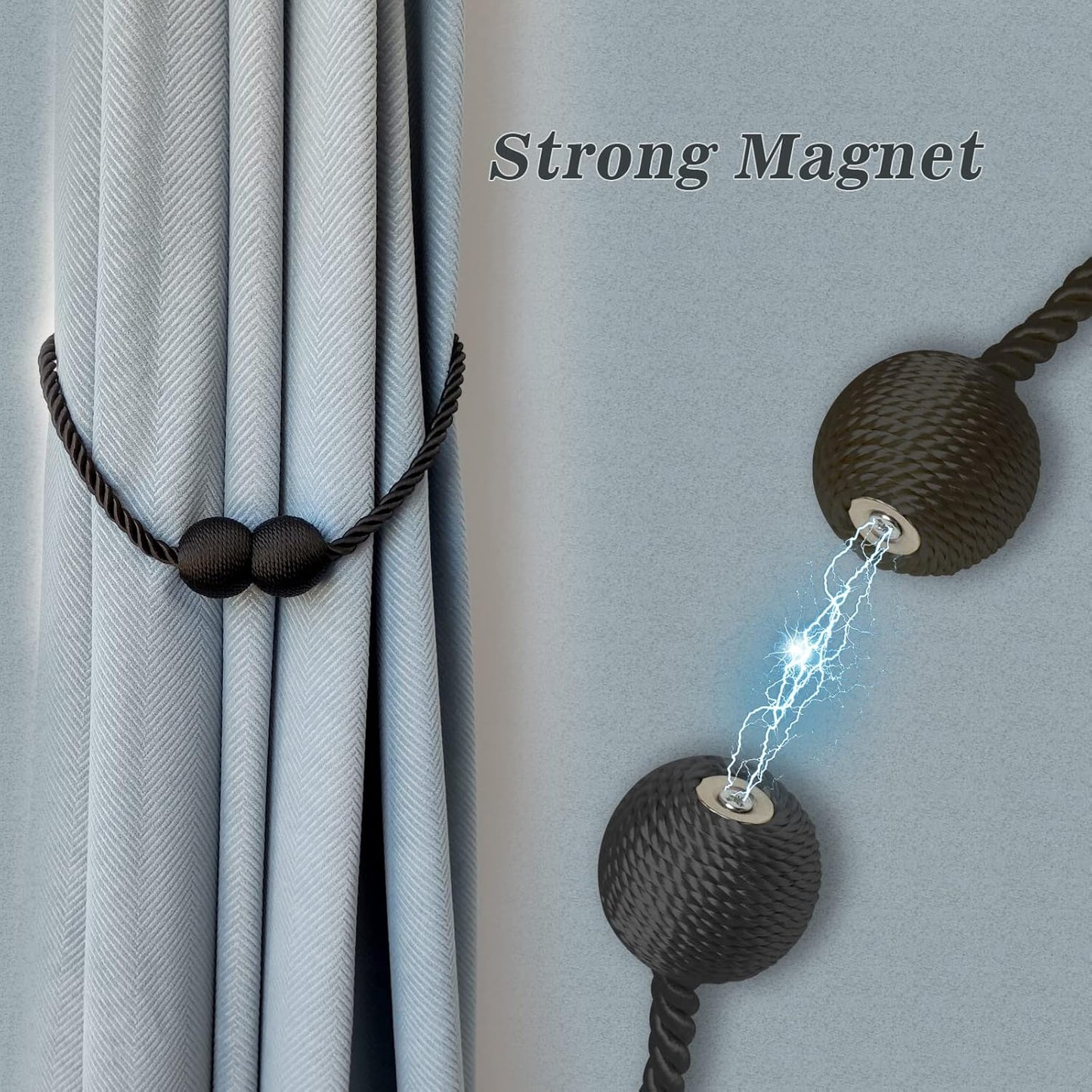 Hion Magnetic Curtain Tiebacks 4 Pack, Nickel-plated Metal and Polyester, Black