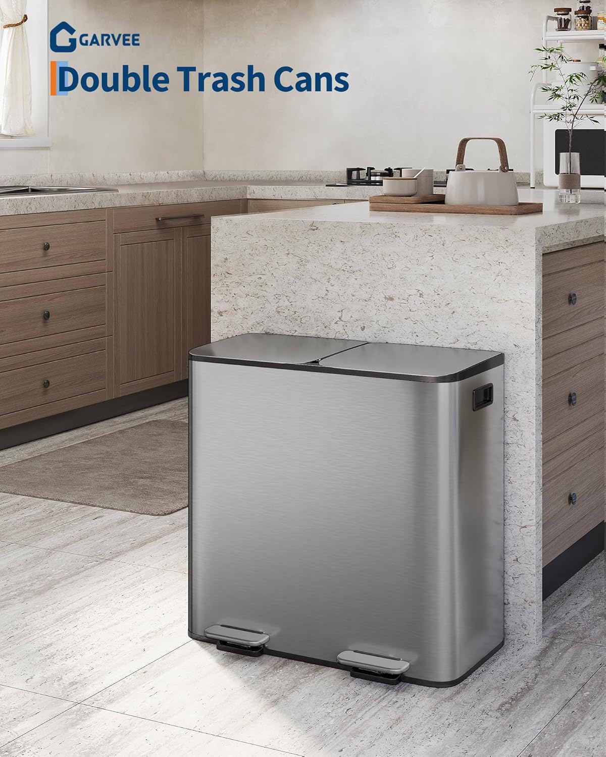 GarveeHome 2 x 10.6 Gallon Stainless Steel Double Trash Can with Lid for Kitchen, Large Dual Trash and Recycle Bin Combo, Step-on Kitchen Metal Garbage Cans, PP Inner Buckets, Liner Rim, Matte Grey