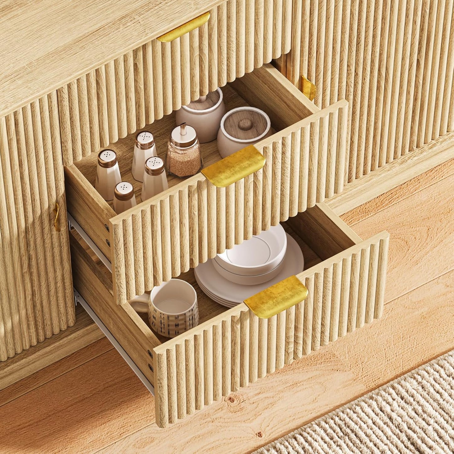 63" Tambour Dresser for Bedroom with 3 Drawers, Modern Chest of Drawers with Sliding Doors & 8 Shelves, Fluted Dresser Storage Organizer for Bedroom, Closet, Living Room(Natural)