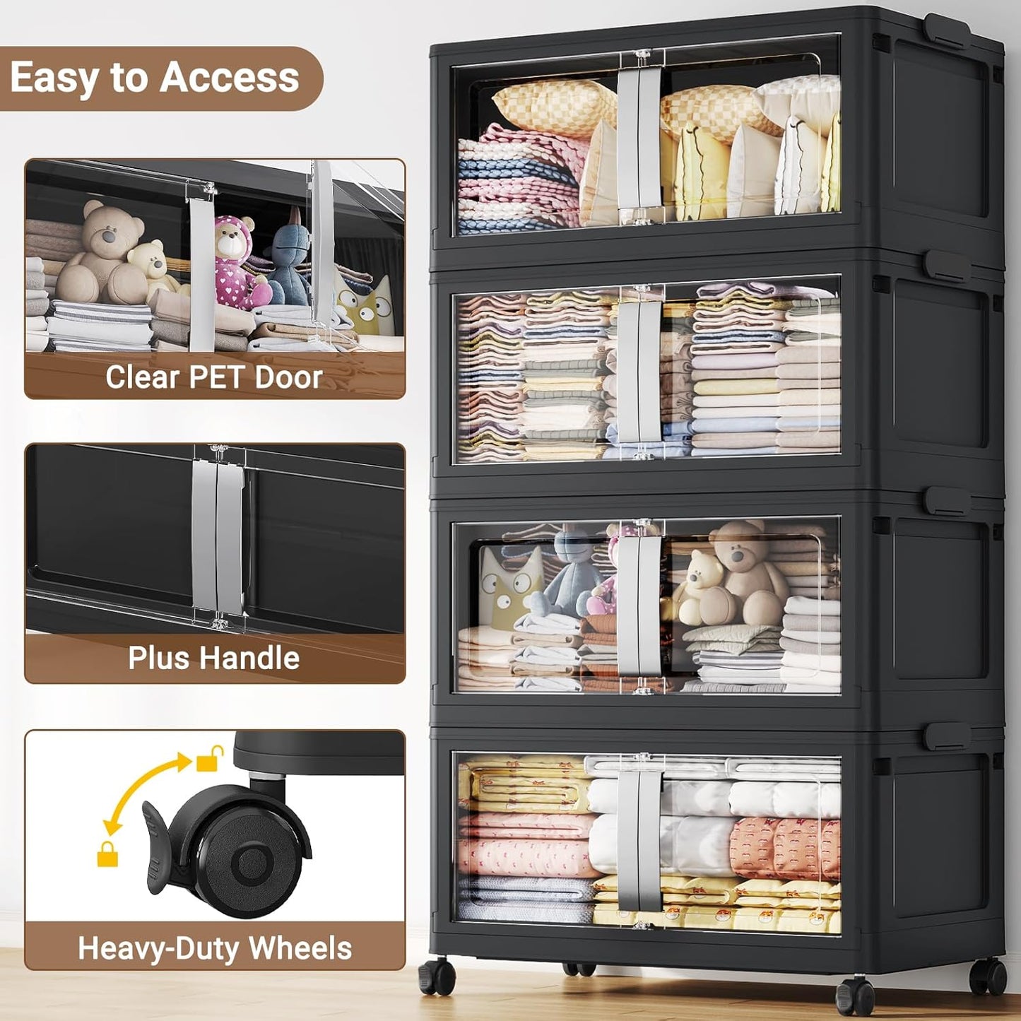 BROVIEW 800QT Stackable Storage Bins with Lids, 200Gal Extra Large Collapsible Storage Box with Wheel, Plastic Storages with Clear Door Open Front for Home Kitchen Garage, Black-5pack(5 lids)