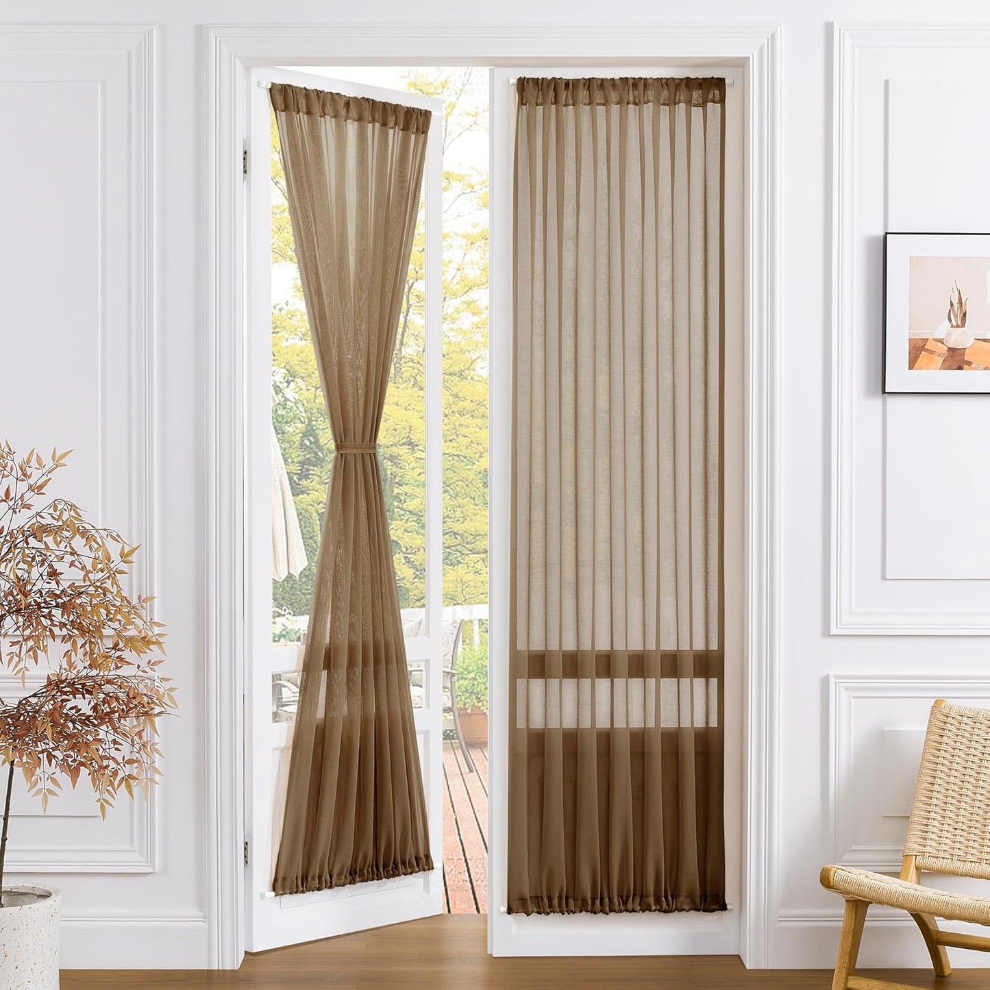 Tollpiz Sheer Door Curtains Closet Linen Textured Curtains Sheer Doorway Light Filtering Voile Rod French Door Pocket Curtain Patio Glass Door, 25 x 72 inches Long, Brown, Set of 1 Panel
