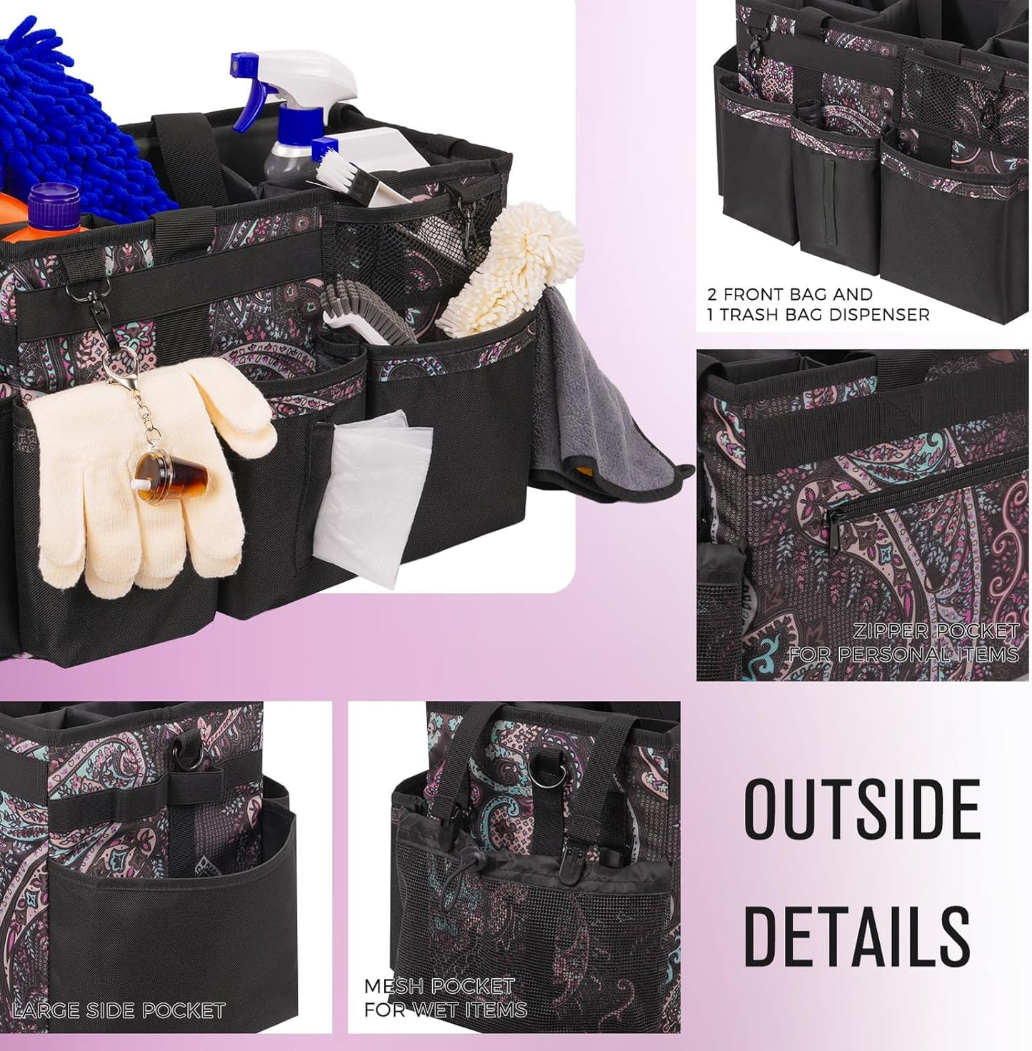 Wearable Cleaning Caddy, Cleaning Caddy Supplies Organizer with Handle & Shoulder Straps for Housekeepers, Under Sink & Car Cleaning Tool Organizers Bag with 4 Foldable Divider (Totem)