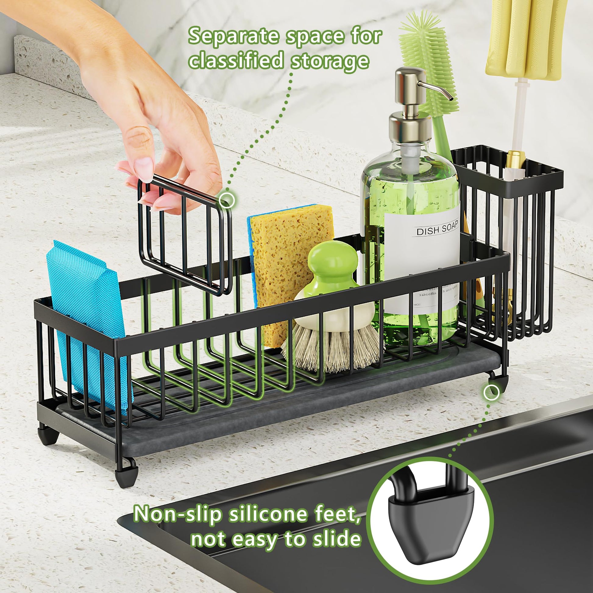 Cisily Extra Large Sink Caddy Organizer with Drying Stone, Black Sponge Holder for Kitchen, Dish