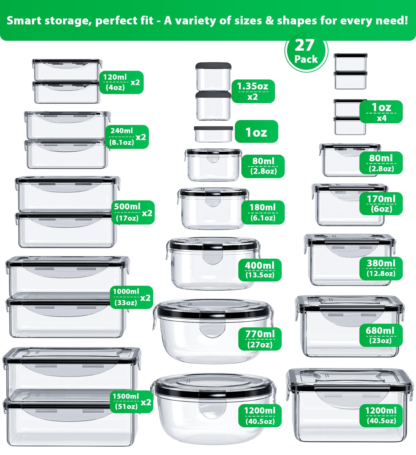54 Pcs Food Storage Containers with Lids Airtight, (27 Containers &27 Lids) Reusable BPA-Free