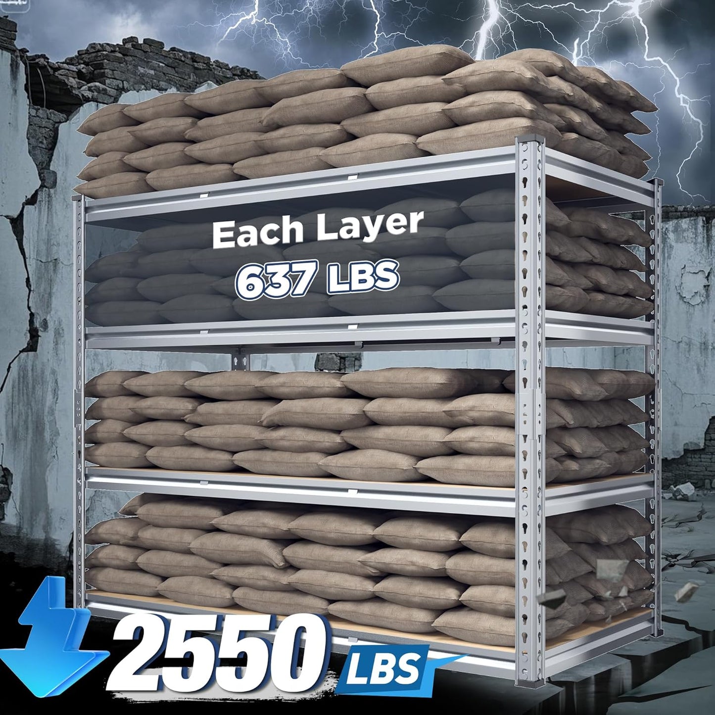 REIBII Garage Shelving, 4 Tier Storage Shelves Load 2550LBS, Adjustable Garage Shelving Heavy Duty, Metal Shelves Unit for Basement, Warehouse, 48" W x 60 "H x 24" D, Galvanized