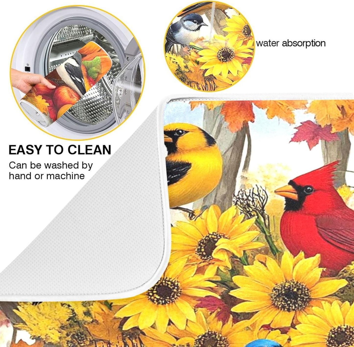 Fall Birds Dish Drying Mat for Kitchen Countertop 18x24 Autumn Pumpkin Sunflower Large Drying Mat Reusable Quick Dry Dish Sink Mats Easy Clean Decorative Essentials